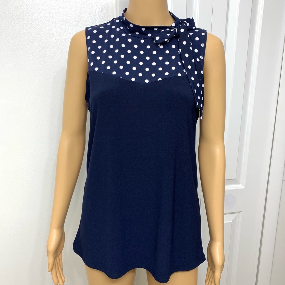 Diana Belle Navy Polka Dot Sleeveless Top Blouse Tie Collar size S